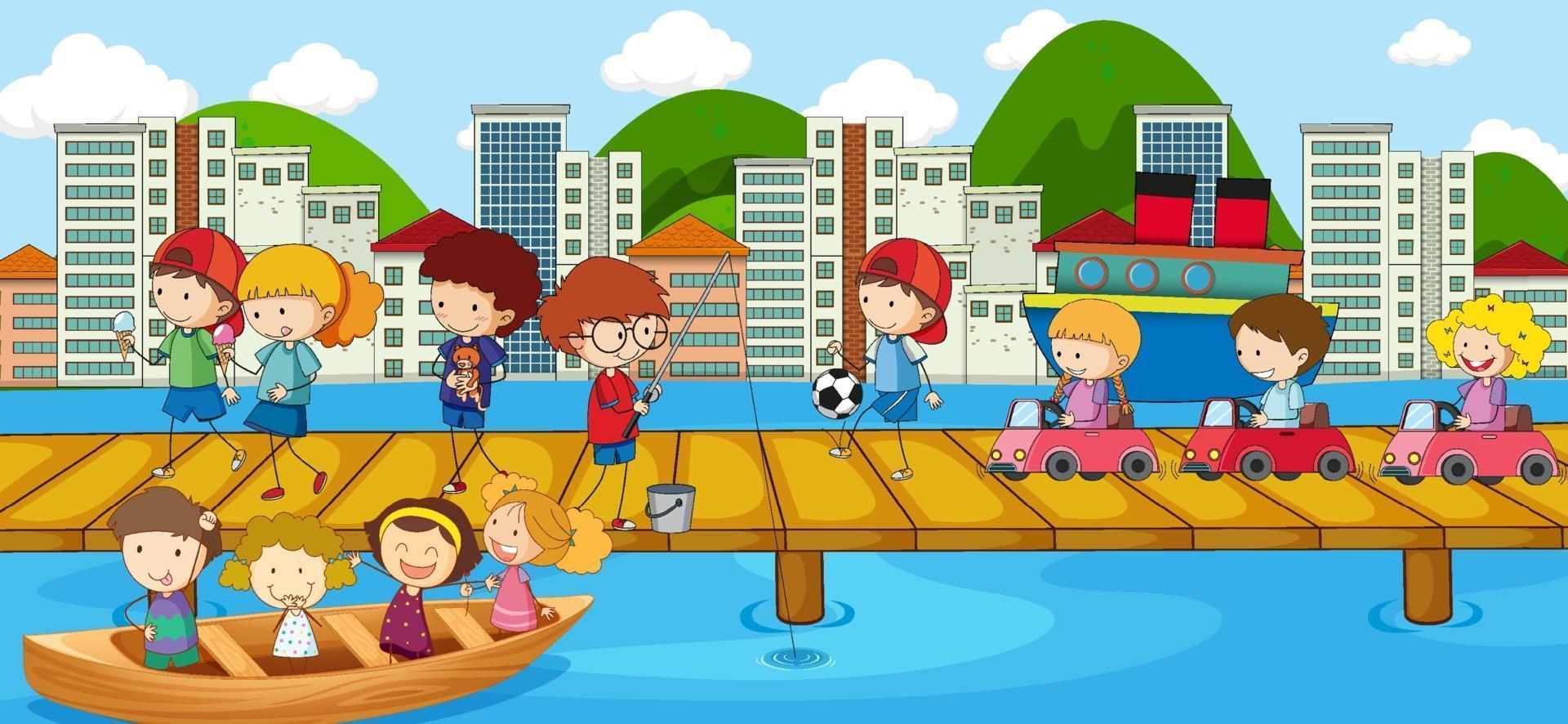 Scene with many doodle kids on the bridge crossing river vector