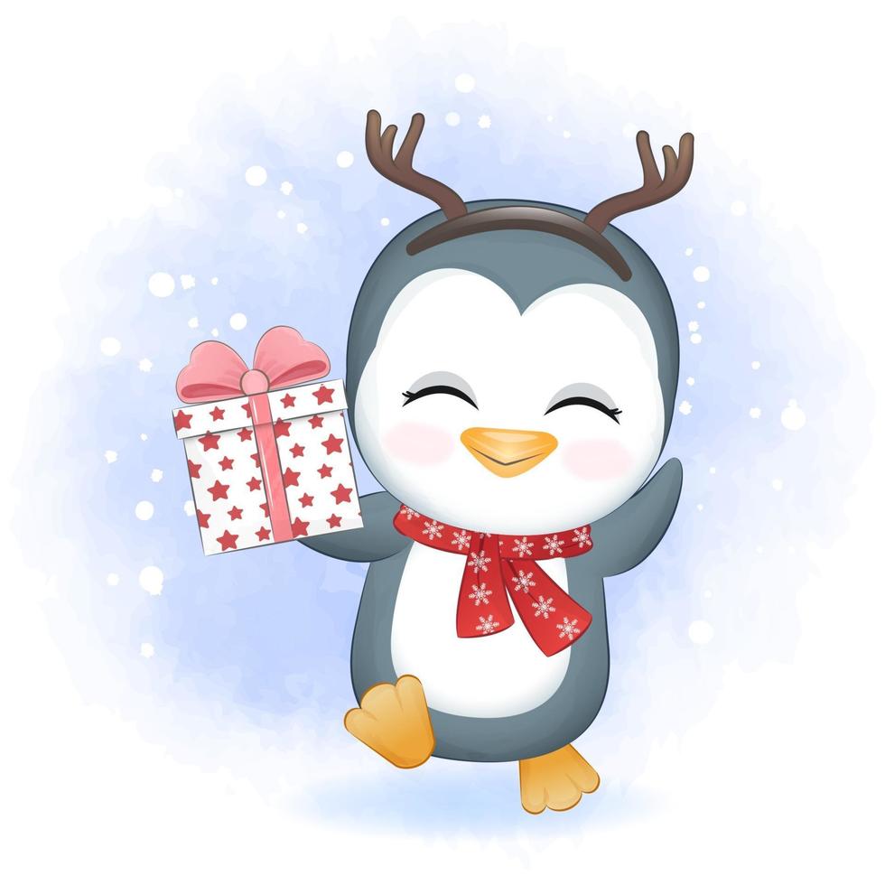 Cute penguin with gift box in winter vector