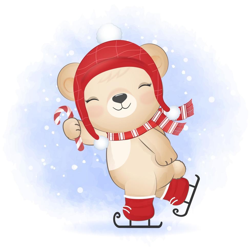 Cute little bear and candy cane on ice skates, Christmas season vector