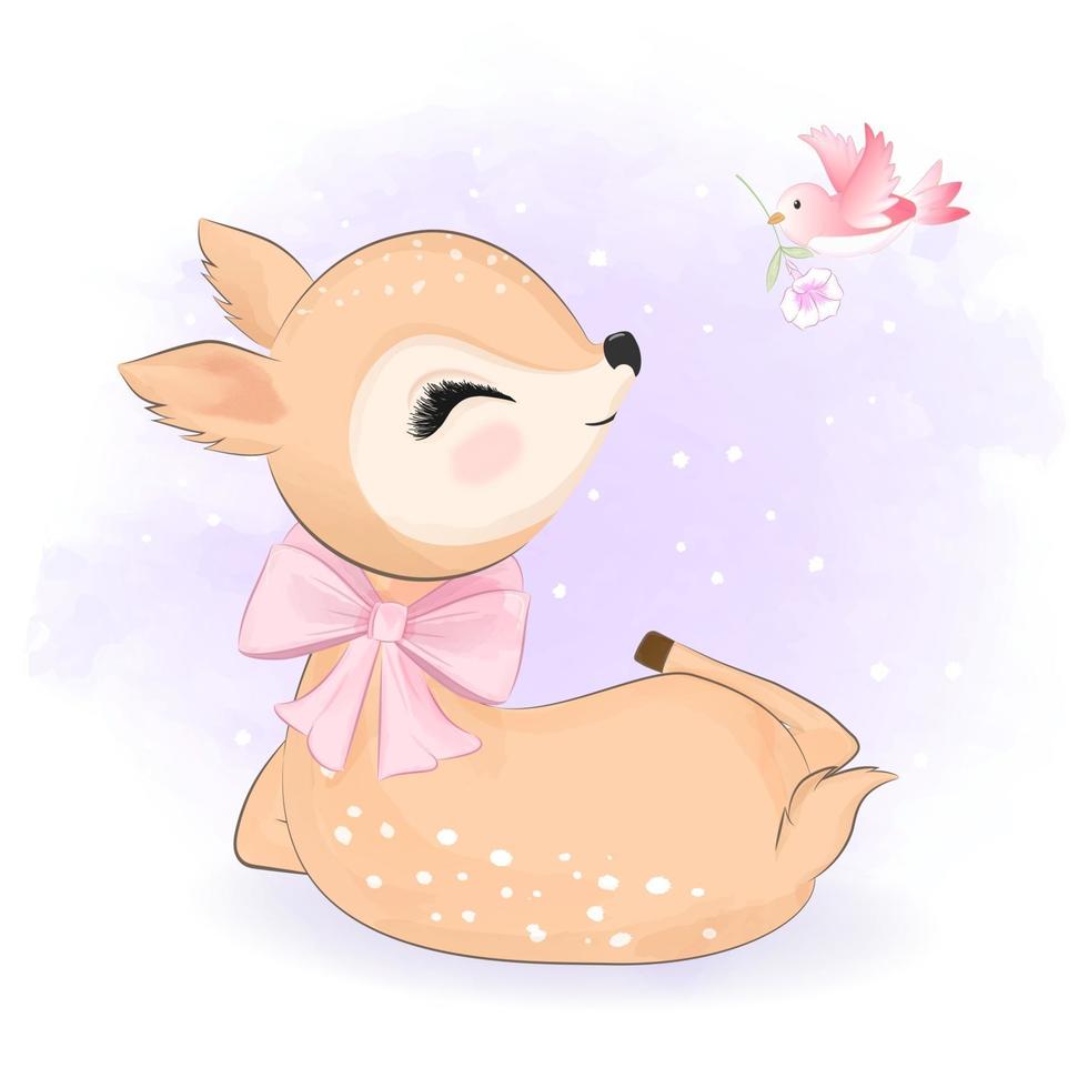 Cute deer and bird cartoon animal illustration vector