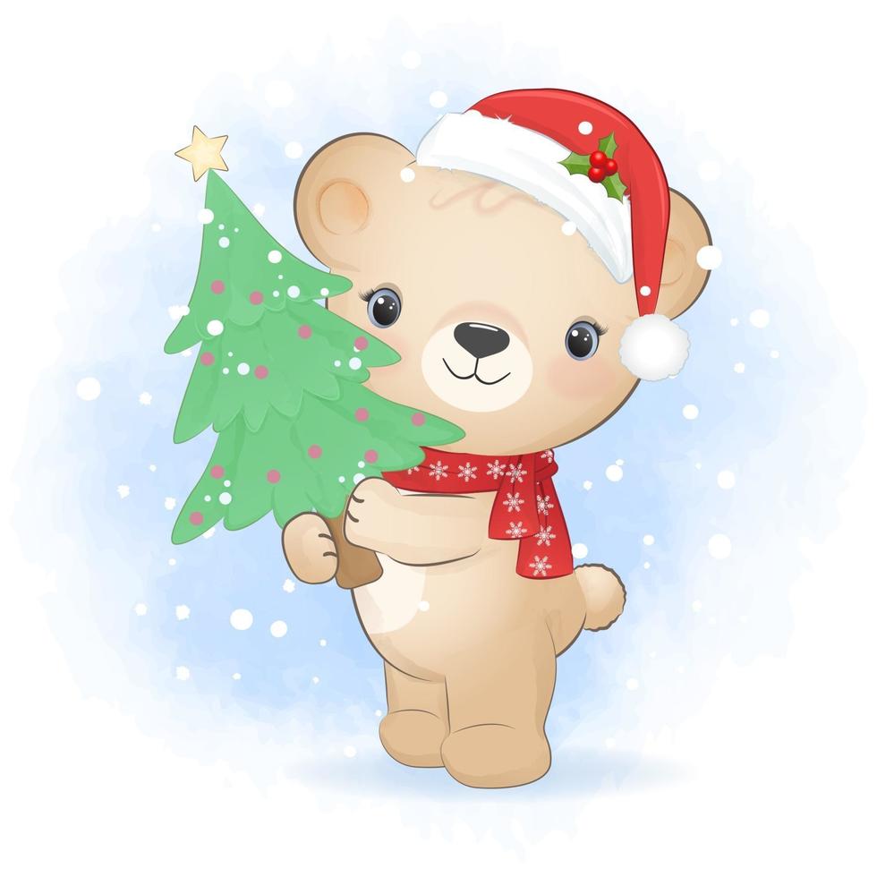 Cute little bear and Christmas tree . Winter and Christmas vector