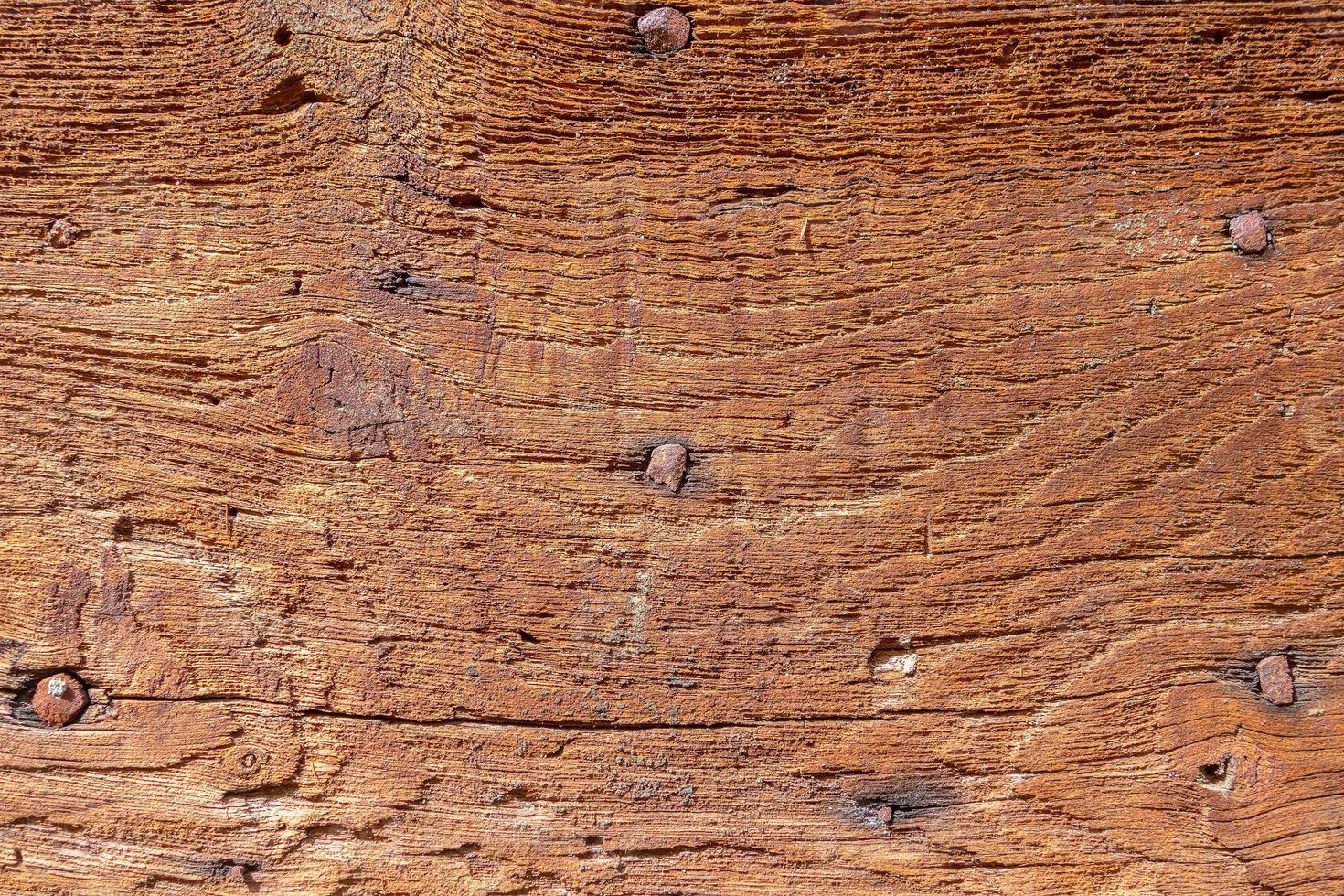 Macro de fondo de una antigua puerta de entrada de madera maciza con clavos de hierro oxidados foto