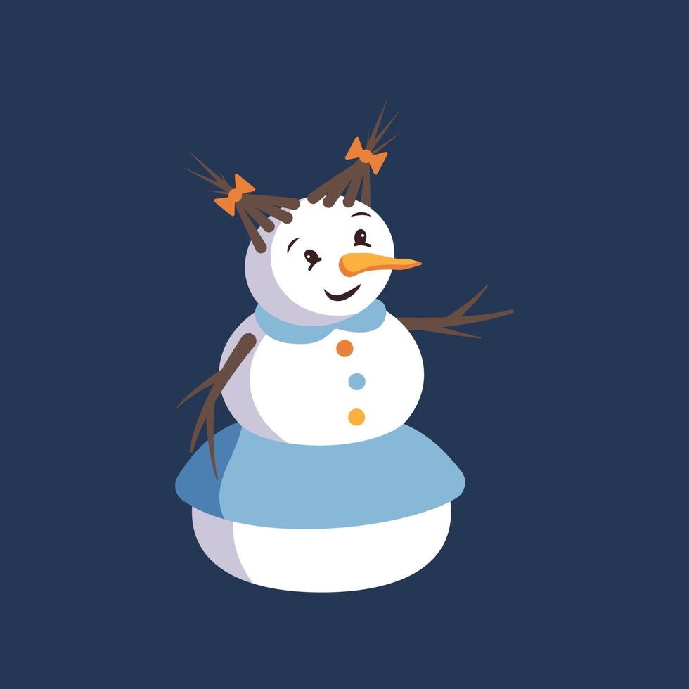 Happy snowman woman with face, carrot and skirt vector