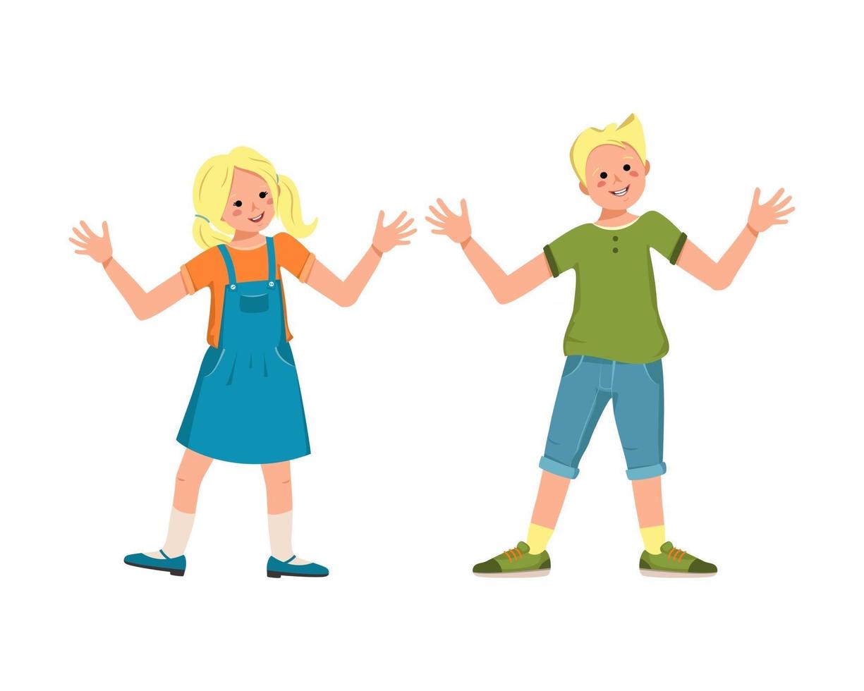 Boy in a shirt, shorts and girl in a skirt, shoes with blonde hair vector
