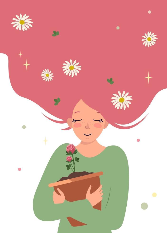 Una mujer joven con cabello rosado abraza una maceta de flores de trébol vector