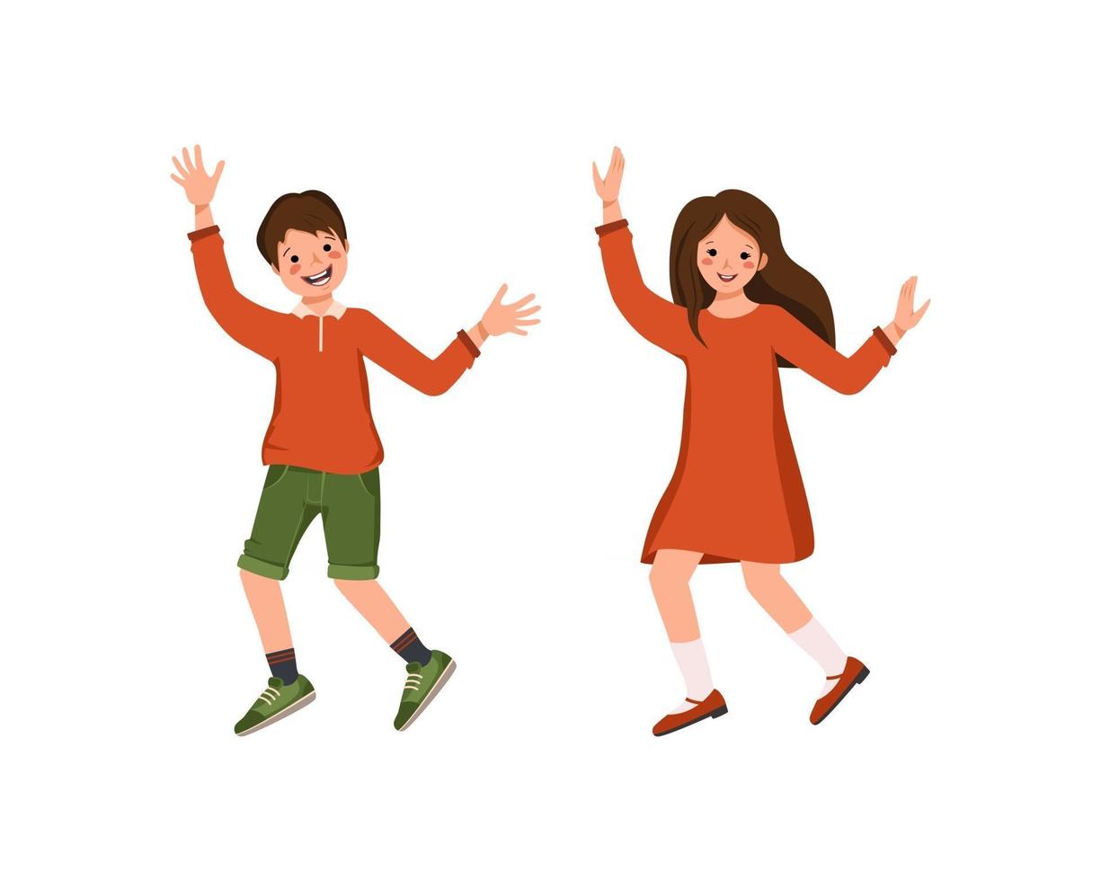 Boy in a shirt, shorts and girl in a dress, shoes with brown hair vector