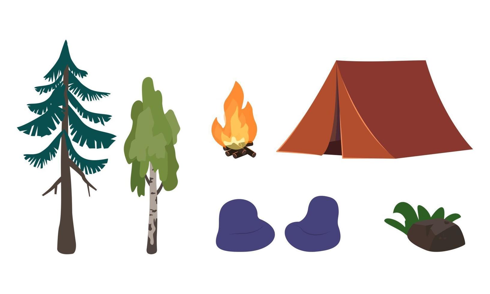 Set of forest recreation or picnic icons with tent, fire and trees vector