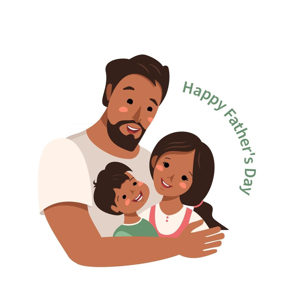 Dad hugs his son and daughter. Happy family vector