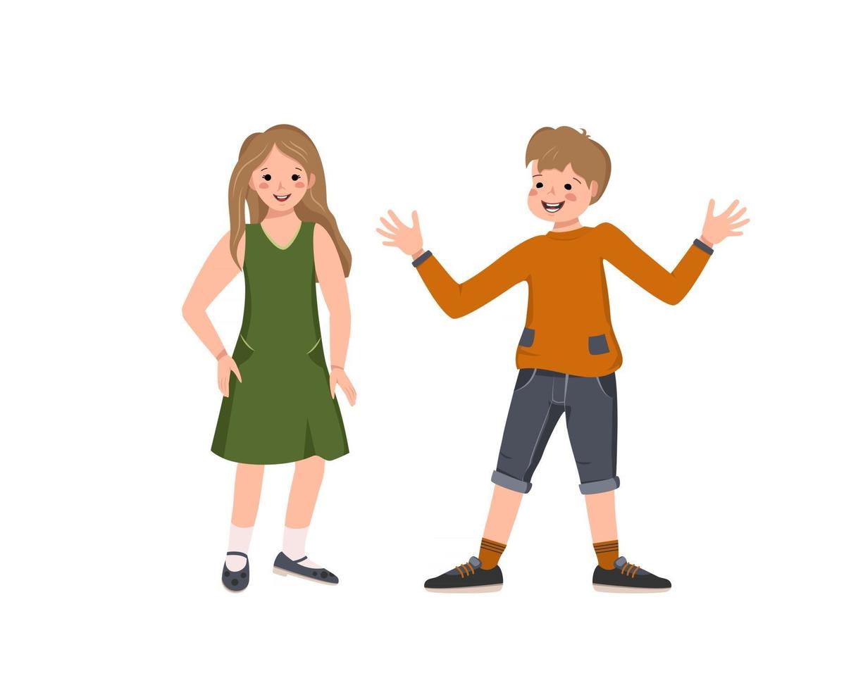 A boy in a shirt, shorts and a girl in a dress, shoes vector