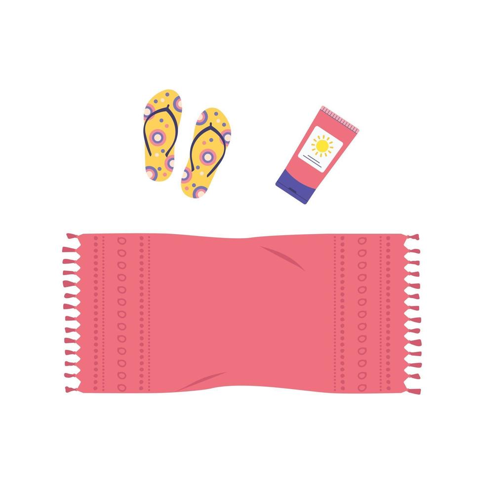 summer items for relaxing. Mat or towel, sunscreen and flip flops vector