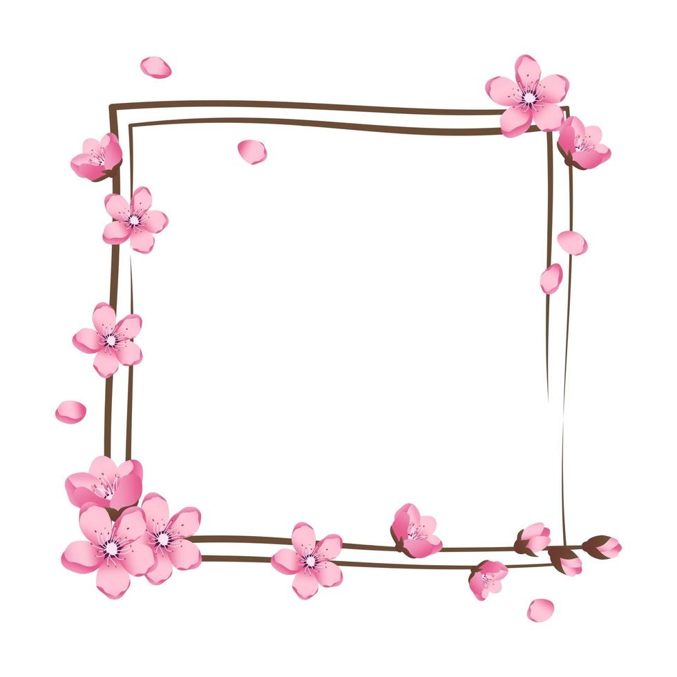 Cherry blossom wreath. Pink cute sakura flowers frame vector