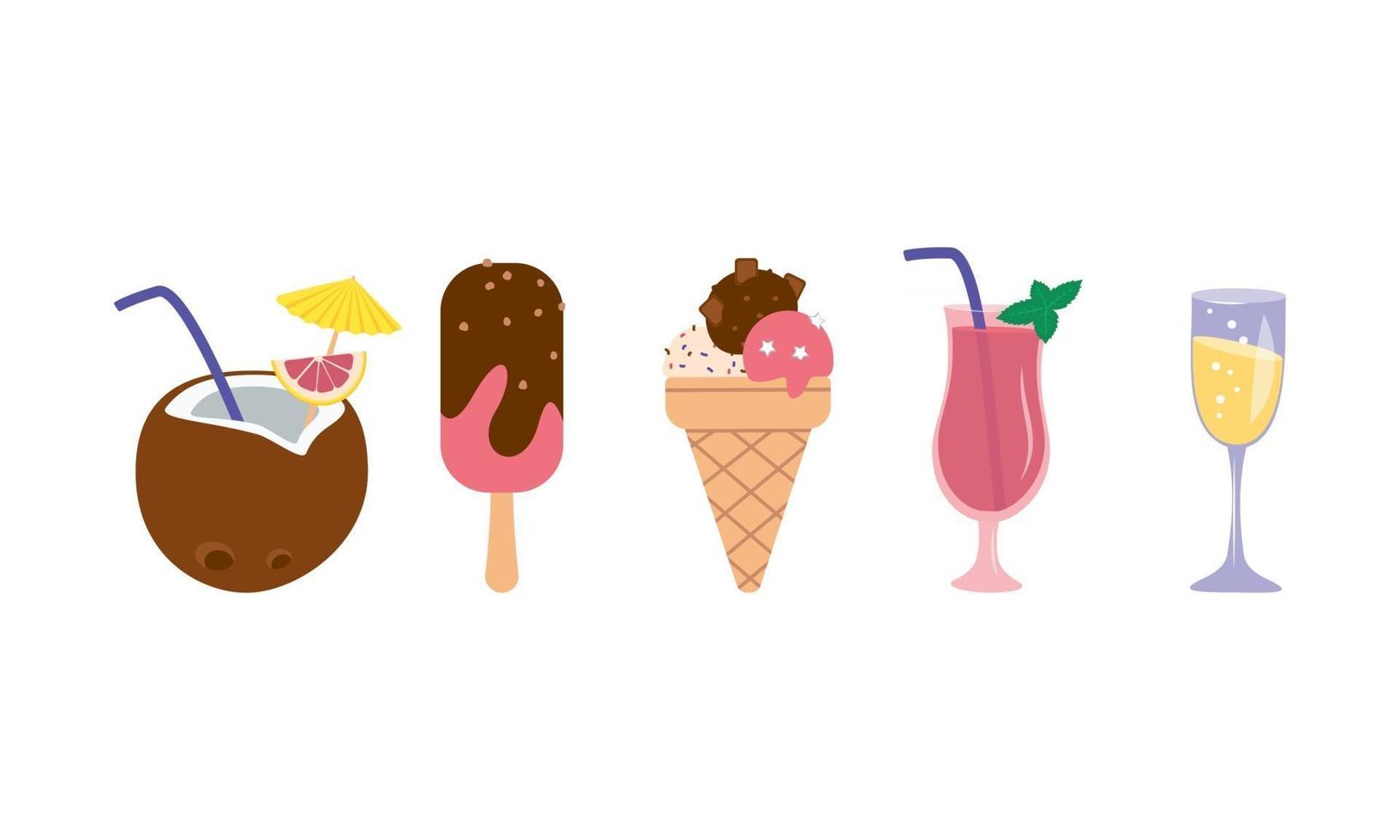 Icons of ice cream on a stick and in a waffle cup and soft drinks vector