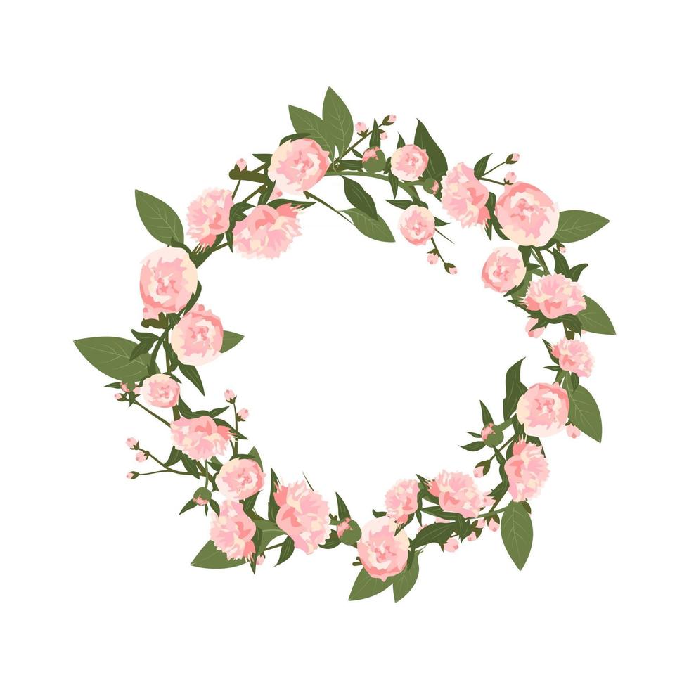 Round frame peonies. Spring pink blooming composition with buds vector