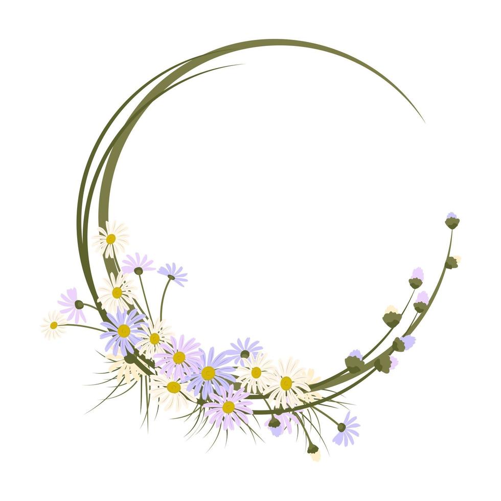 Daisy wreath. Round frame, cute purple and white flowers chamomile vector