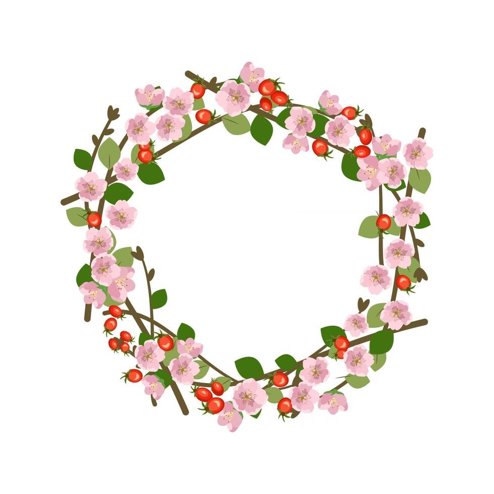 Rosehip wreath. Round frame, cute pink flowers rose red fruits vector