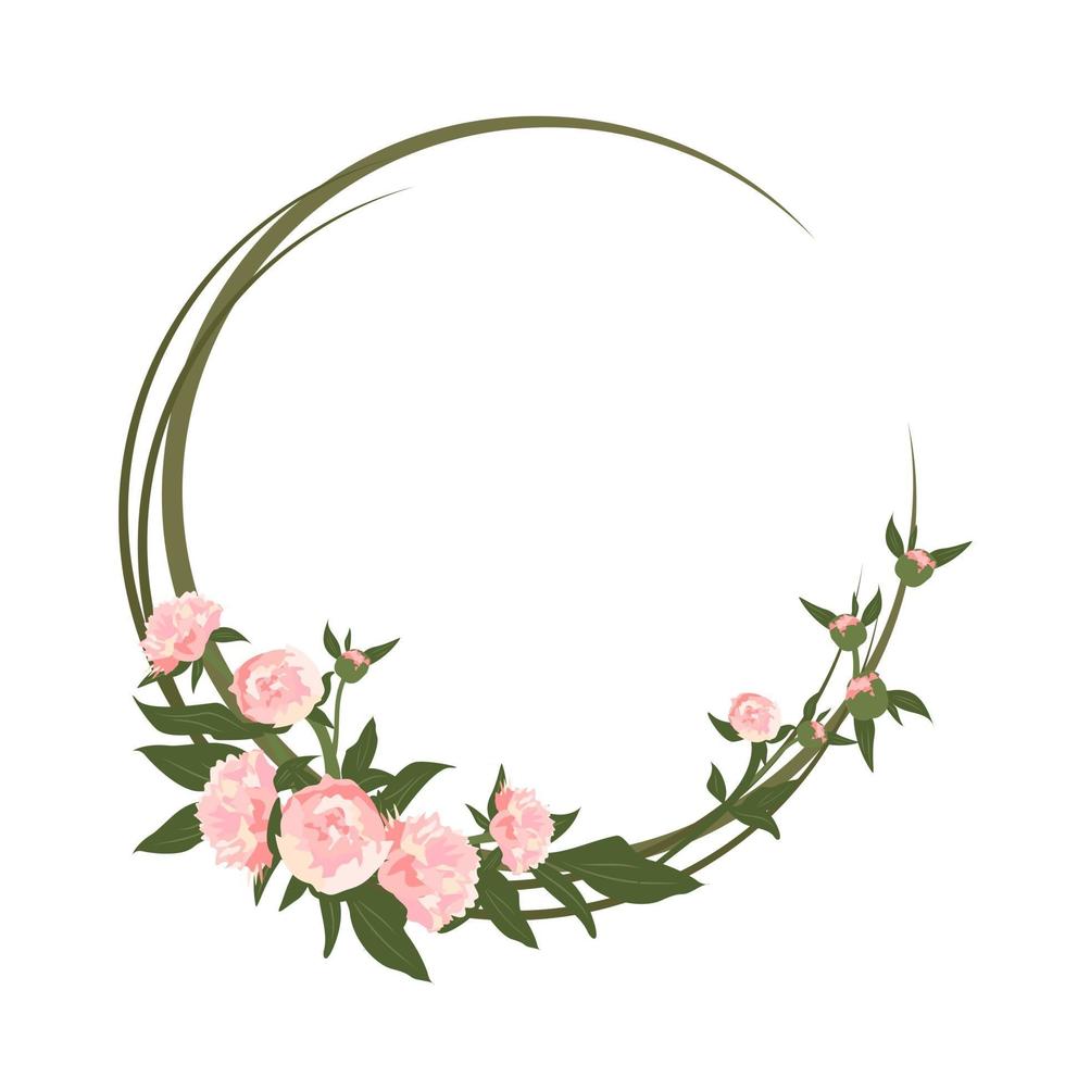 A wreath of peonies. Round frame, pink cute flowers and leaves vector