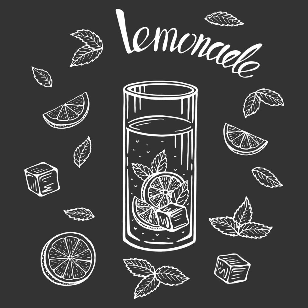 Hand drawn lemonade glass with slice of lemon, vector illustration.