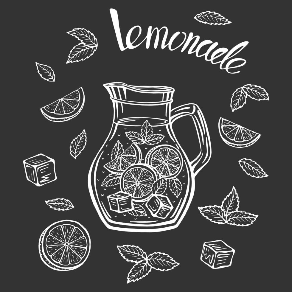 Hand drawn glass jug with lemonade, summer vector illustration