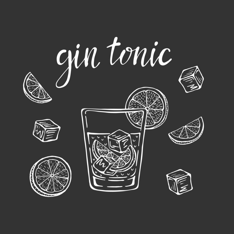 Gin tonic classic cocktail hand drawn vector illustration.