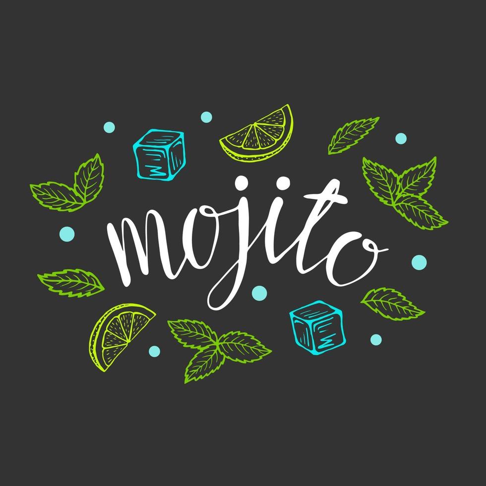 Lettering Mojito classic cocktail hand drawn vector illustration.