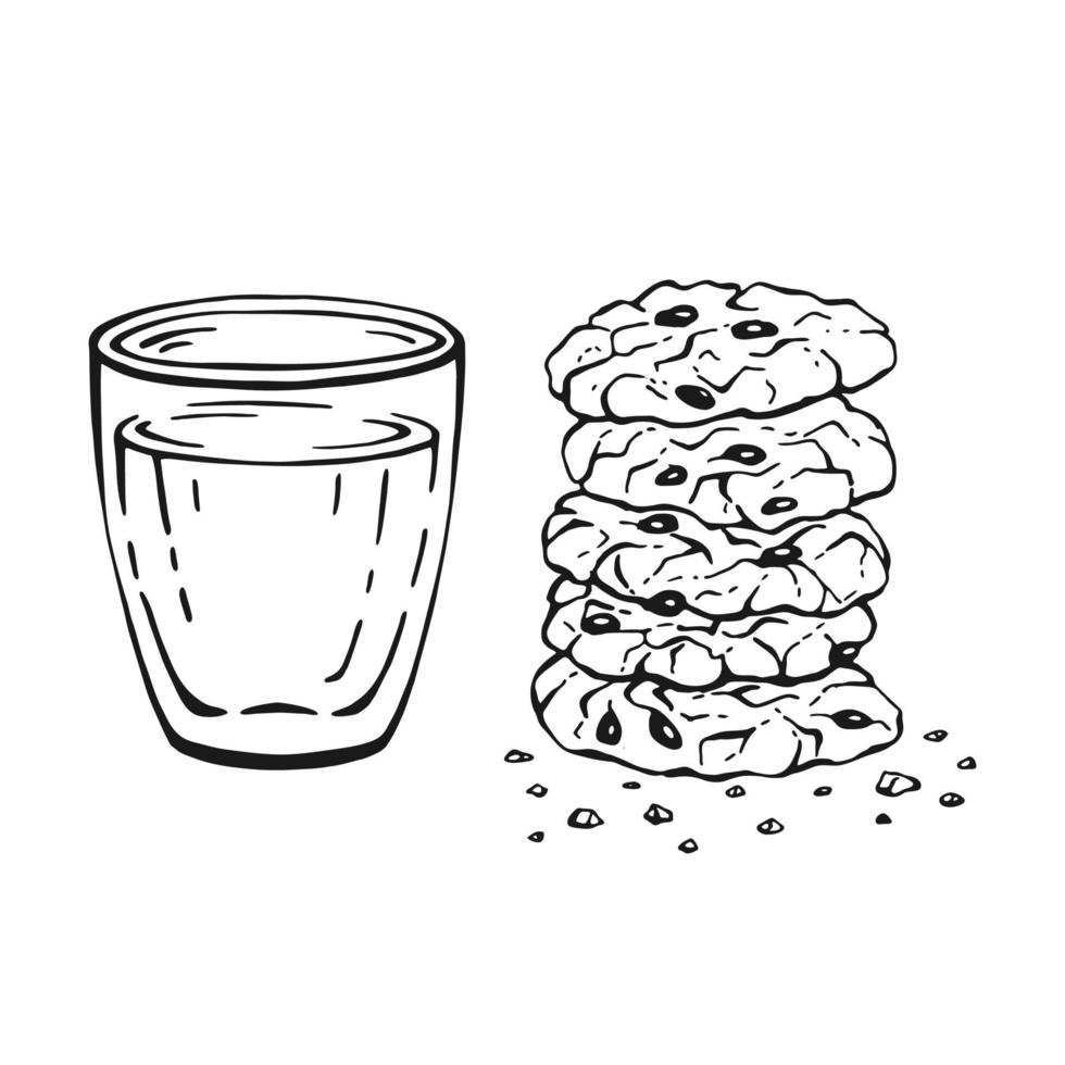 Glass and oatmeal cookies isolated on white background. Hand drawn vector