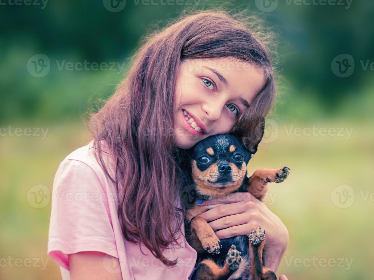 dog in the arms of a teenage girl. black chihuahua. photo