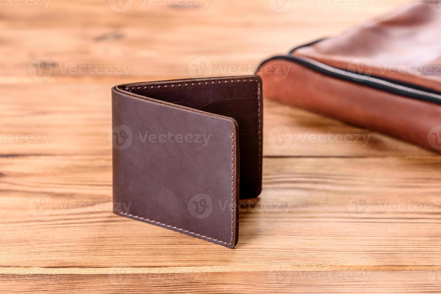 Beautiful leather brown purse made of leather to store paper money photo