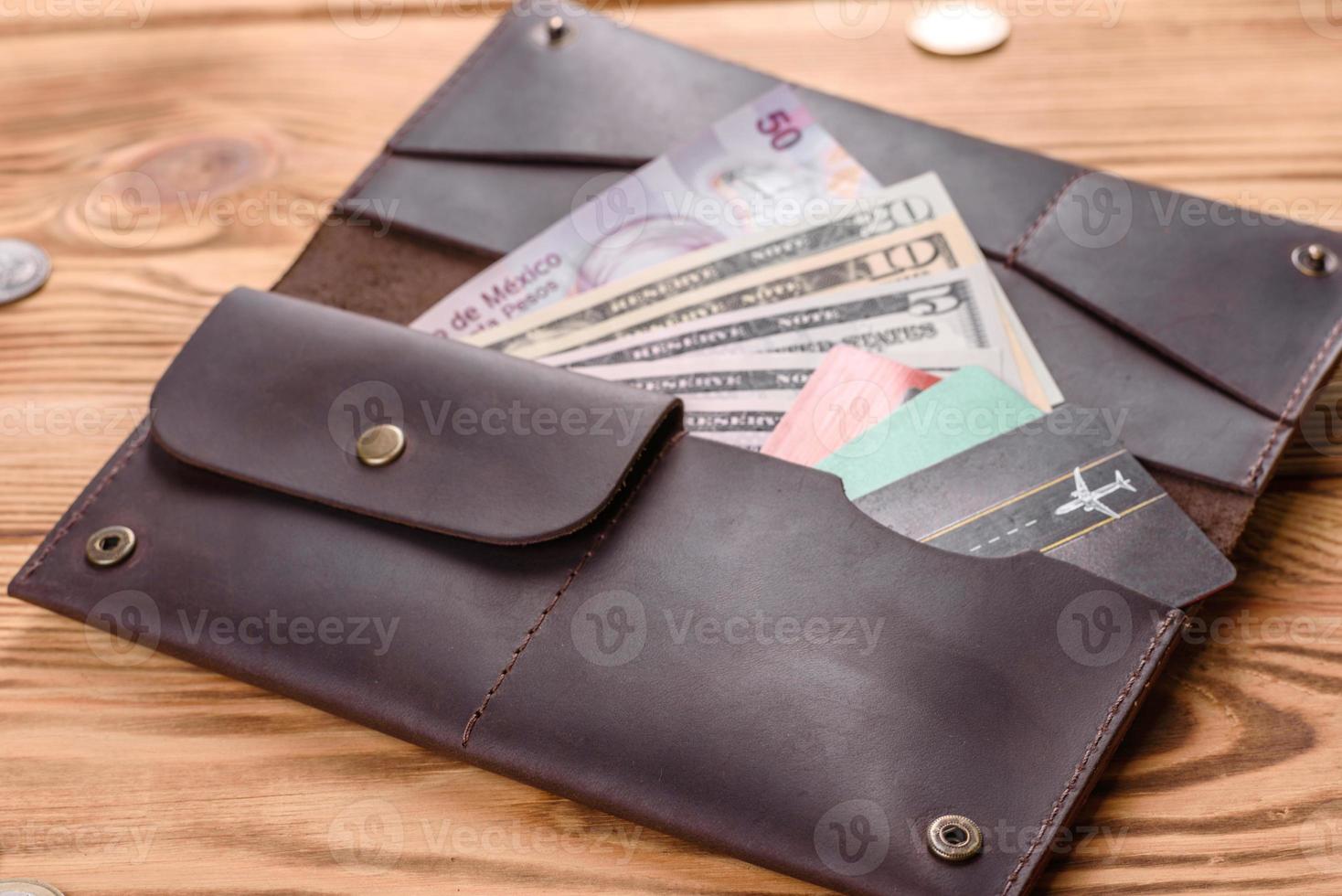 Beautiful leather brown purse made of leather to store paper money photo