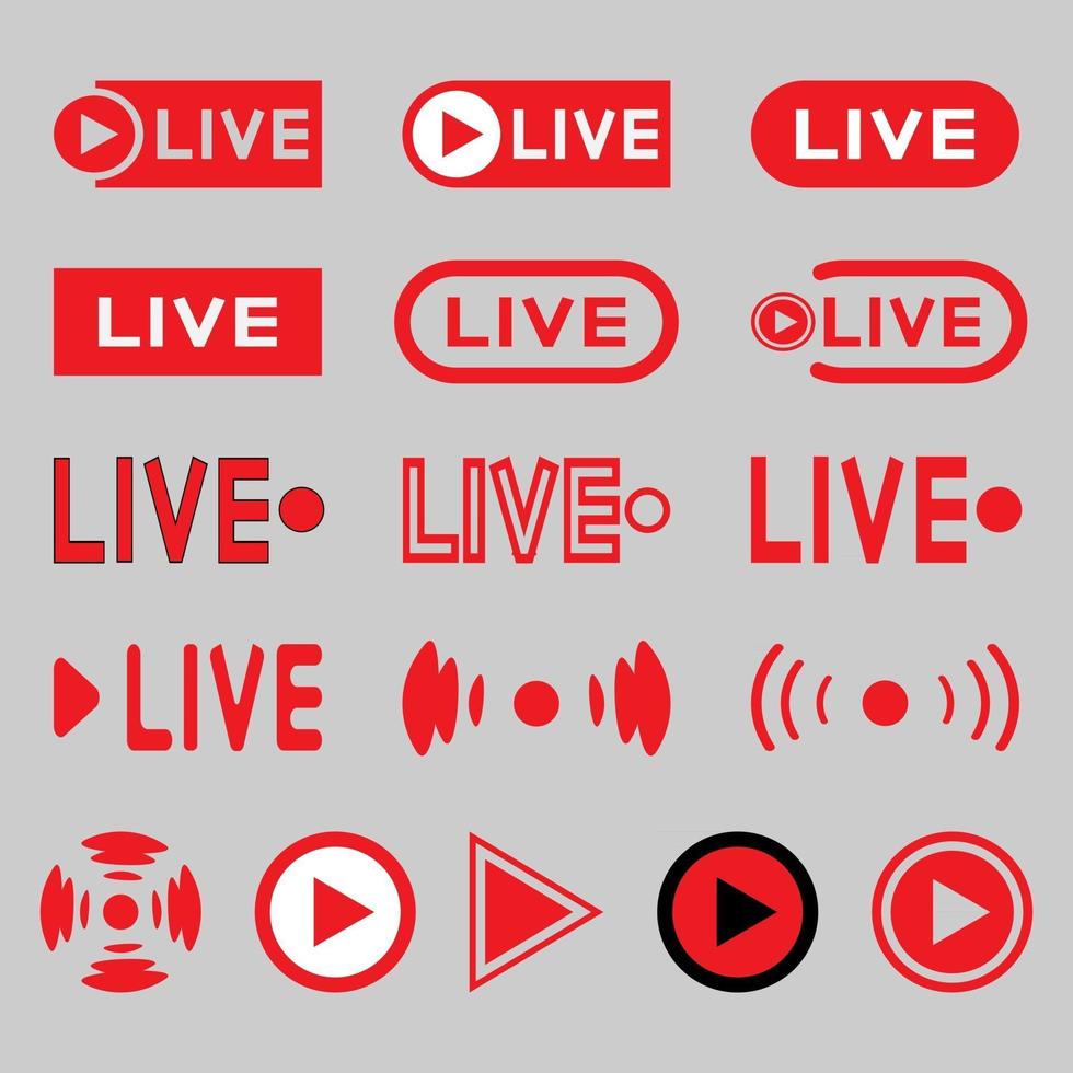 Live broadcasting icons set. Red symbols and buttons for live broadcast, broadcast, online broadcast, TV, shows, films and live performances vector