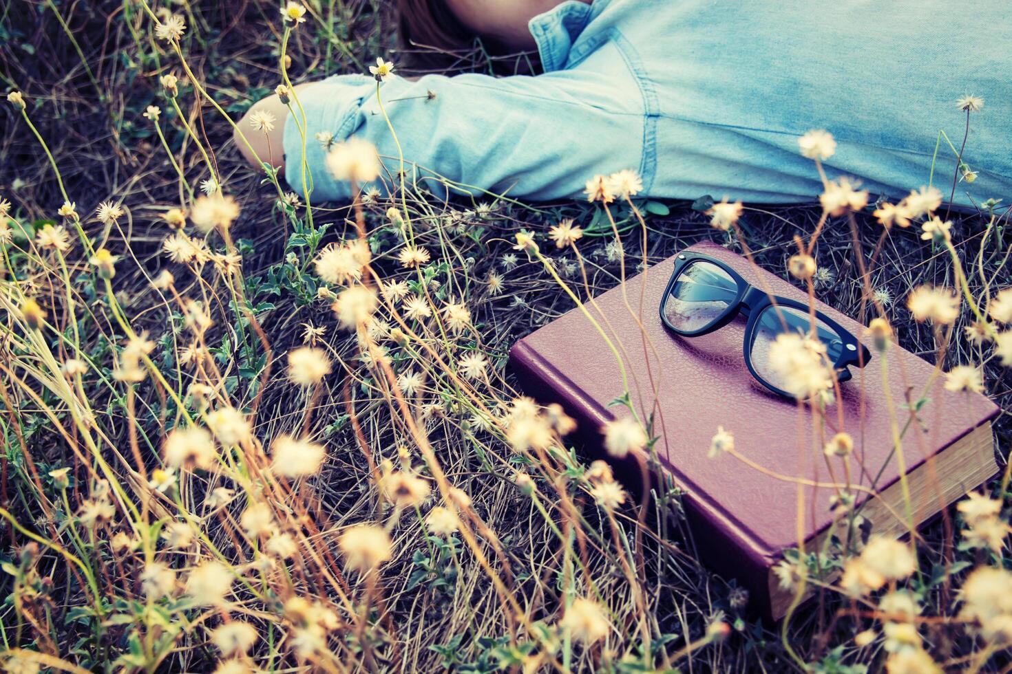 estilo vintage de cámara retro con libro y gafas en el flowe foto