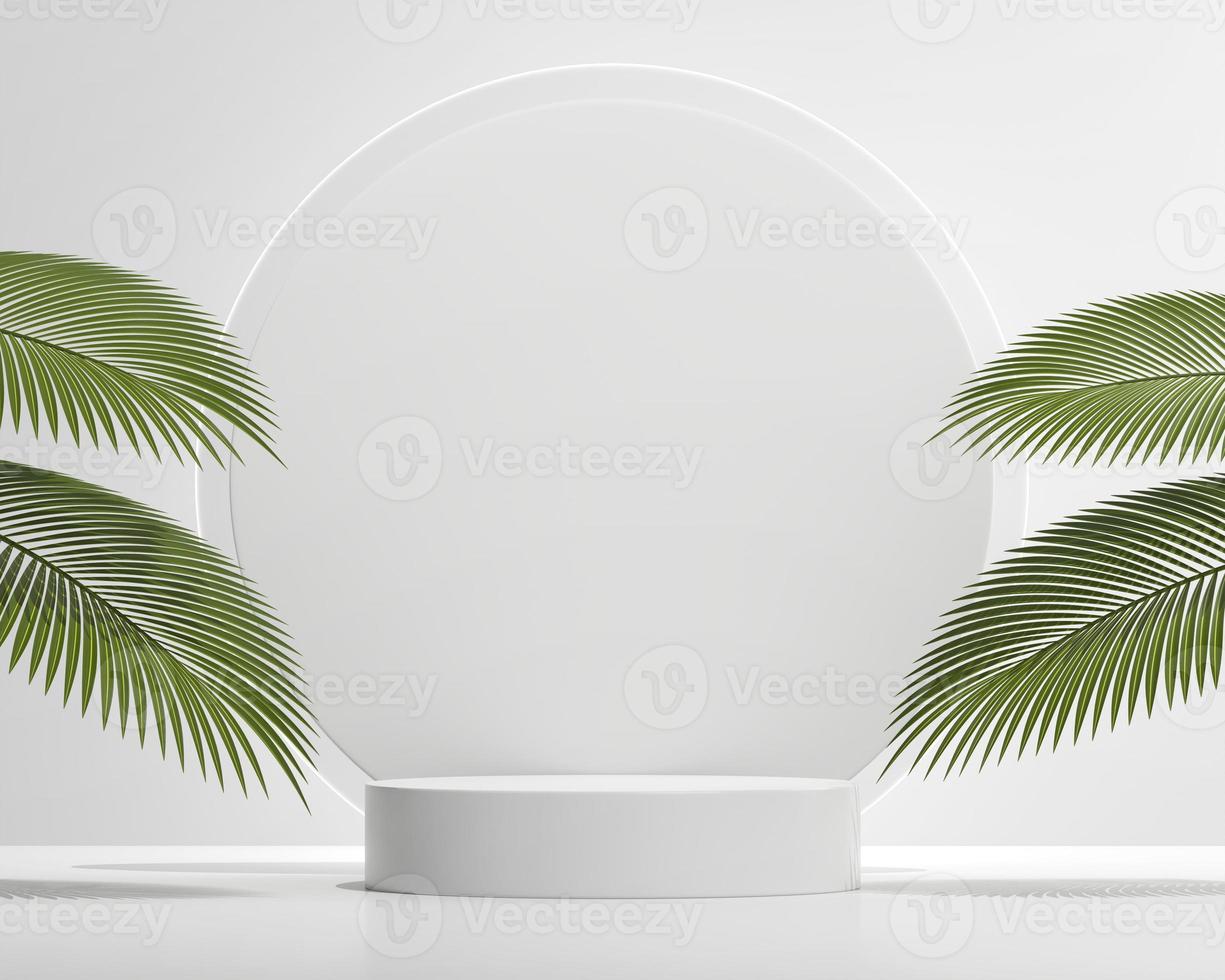 White platform podium for product display with palm leaves 3d photo