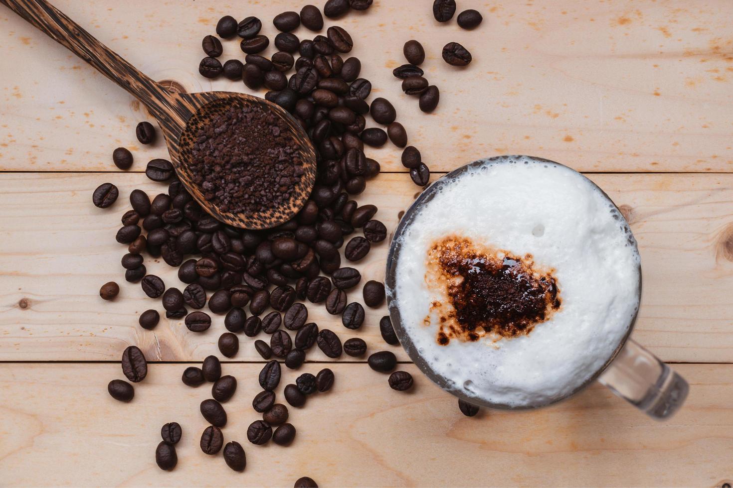 Top view of iced coffee froth in cup. photo