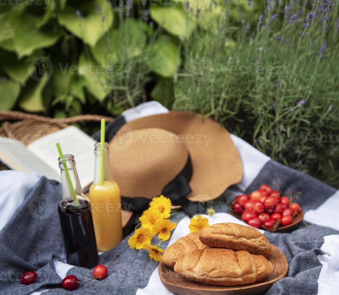 Summer picnic in lavender field. photo