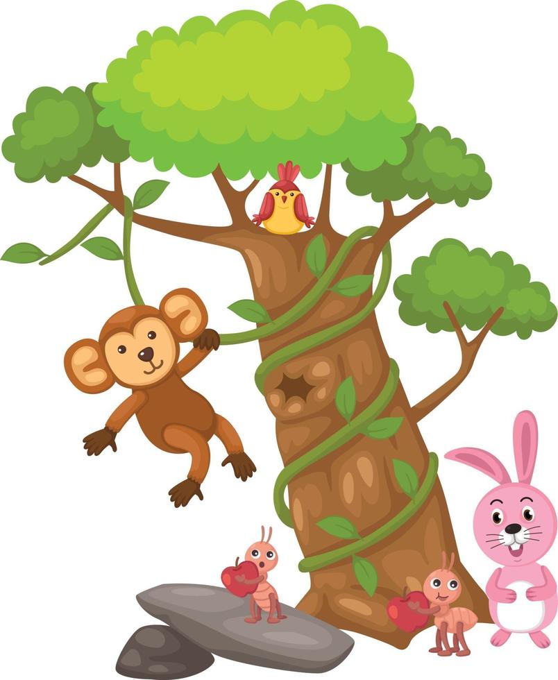 big tree and monkey and bird and rabbit and ant vector