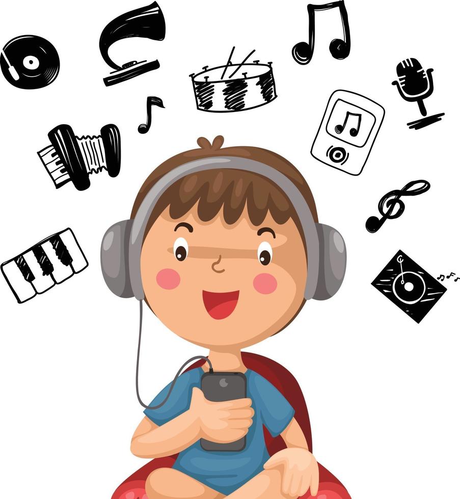 niño feliz escuchando musica vector