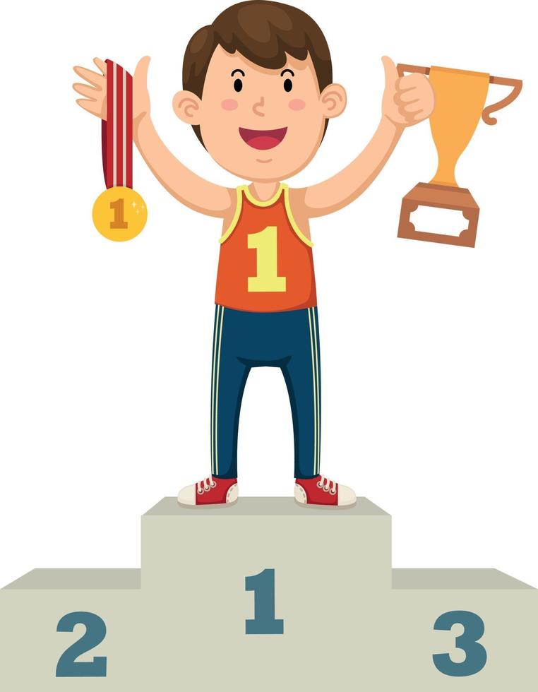 un niño ganador en un podio vector