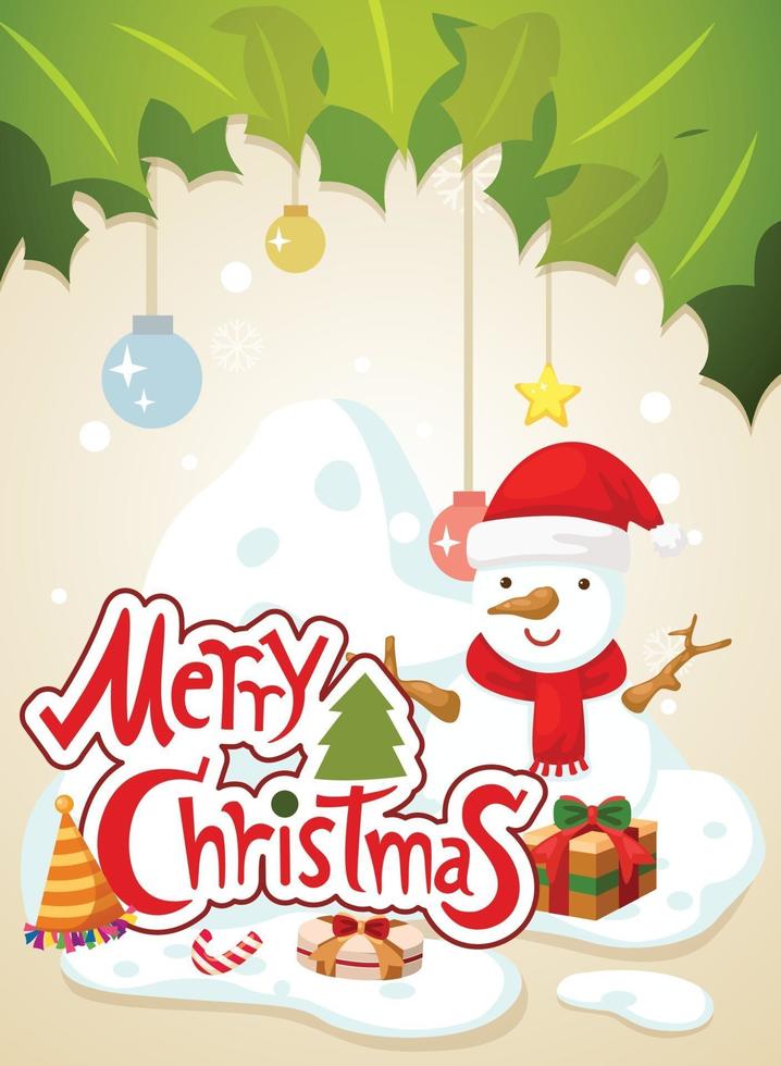 merry christmas typography and snowman landscape background vector