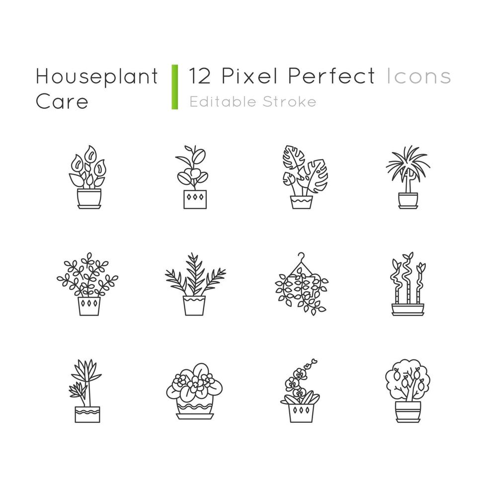 Conjunto de iconos lineales perfectos de píxeles de plantas de interior vector