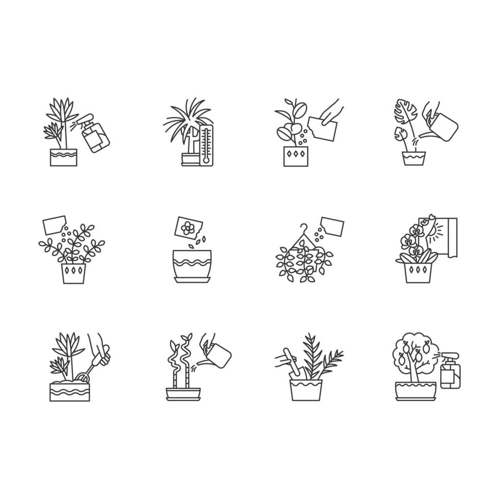 conjunto de iconos lineales perfectos de píxeles de cuidado de plantas de interior vector