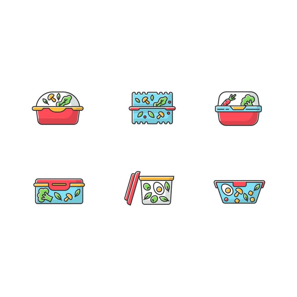 Envases de plástico para ensaladas conjunto de iconos de colores rgb vector