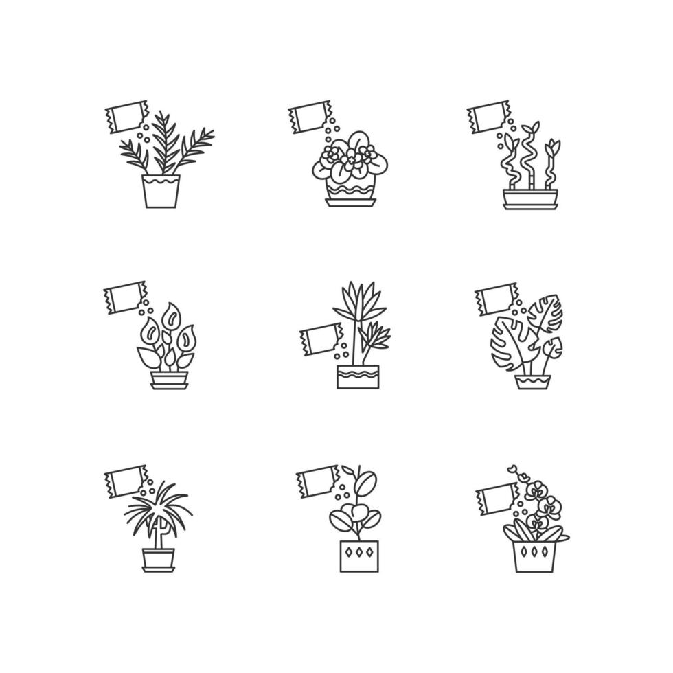 Houseplant fertilizing pixel perfect linear icons set vector