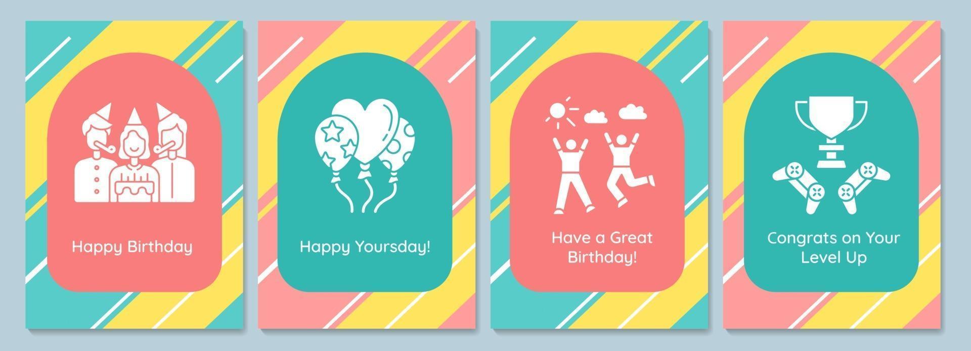 Tarjetas de felicitación de tradiciones de cumpleaños con conjunto de elementos de icono de glifo vector