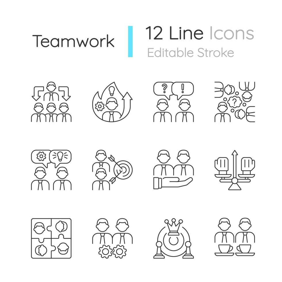 Teamwork related linear icons set vector