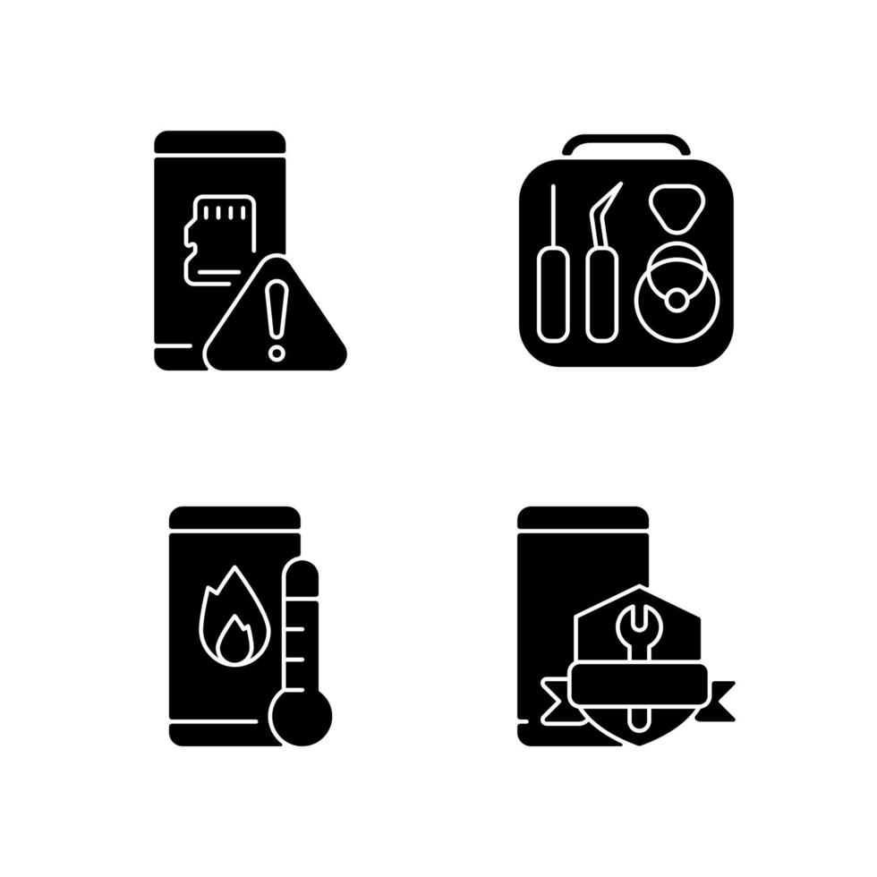 Iconos de glifos negros relacionados con la recuperación del teléfono celular establecidos en el espacio en blanco vector