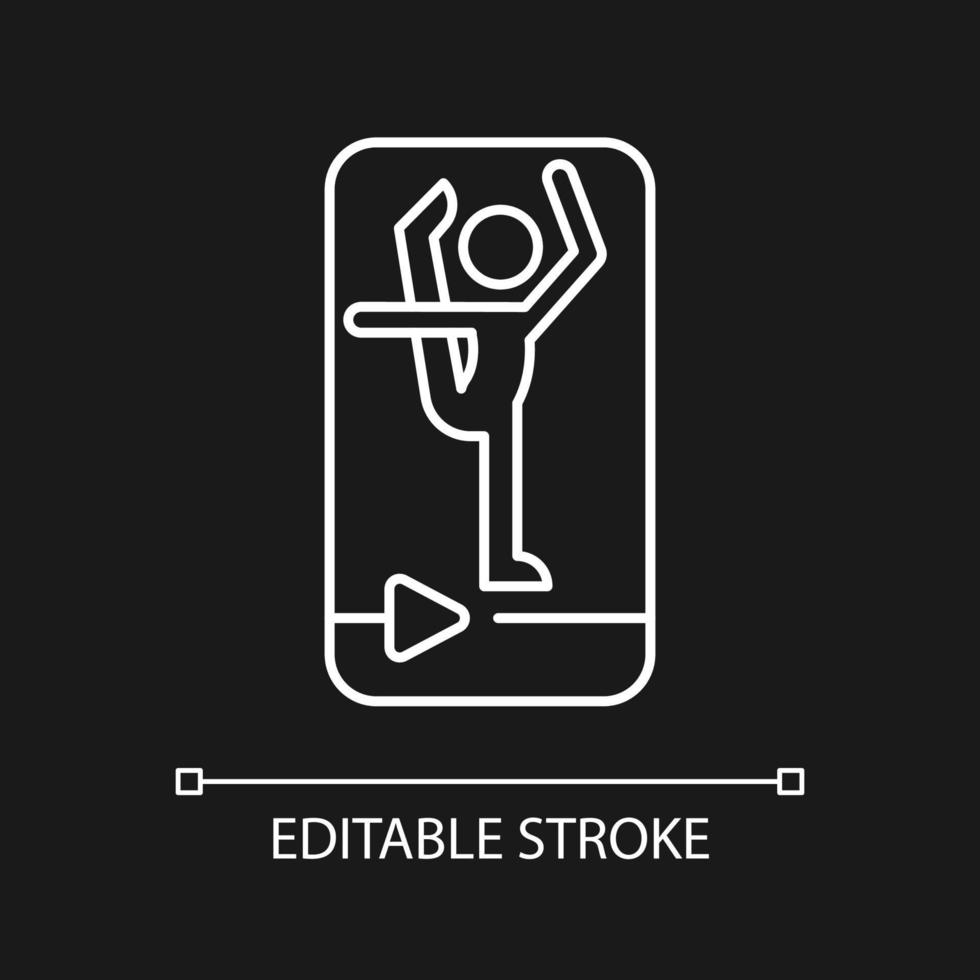 Online fitness stretching white linear icon for dark theme. vector