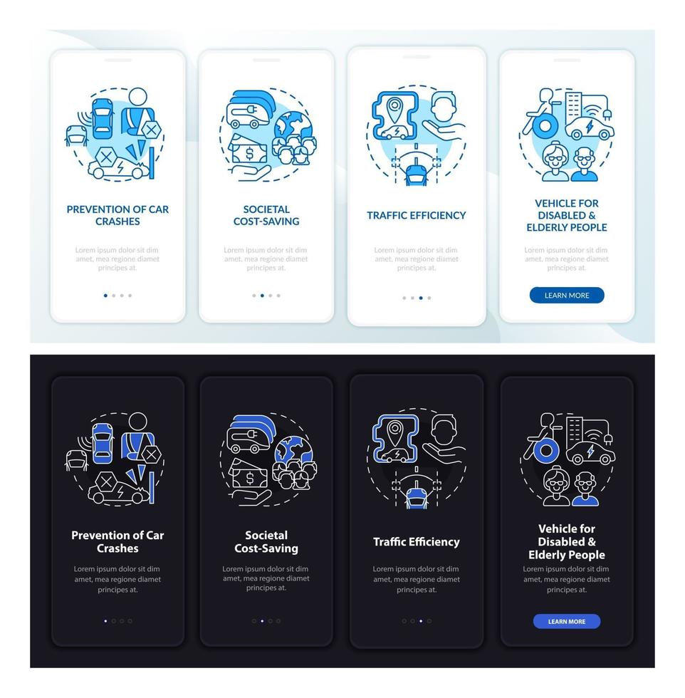 Driverless cars pros onboarding mobile app page screen. vector