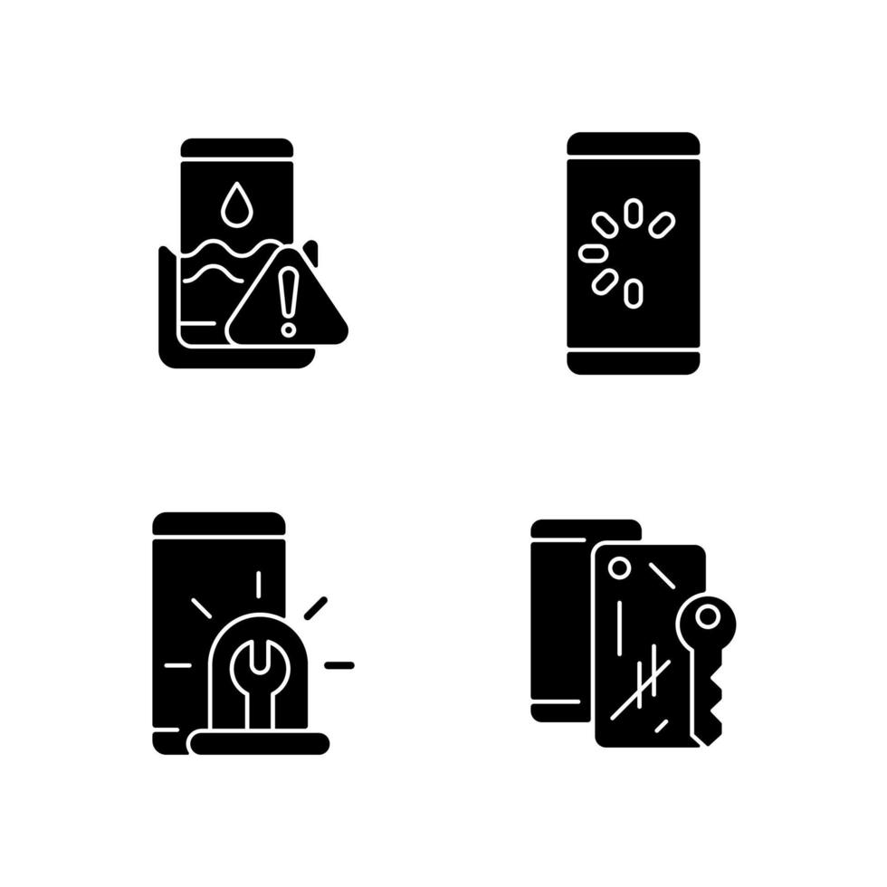 Usual mobile phone problems black glyph icons set on white space vector