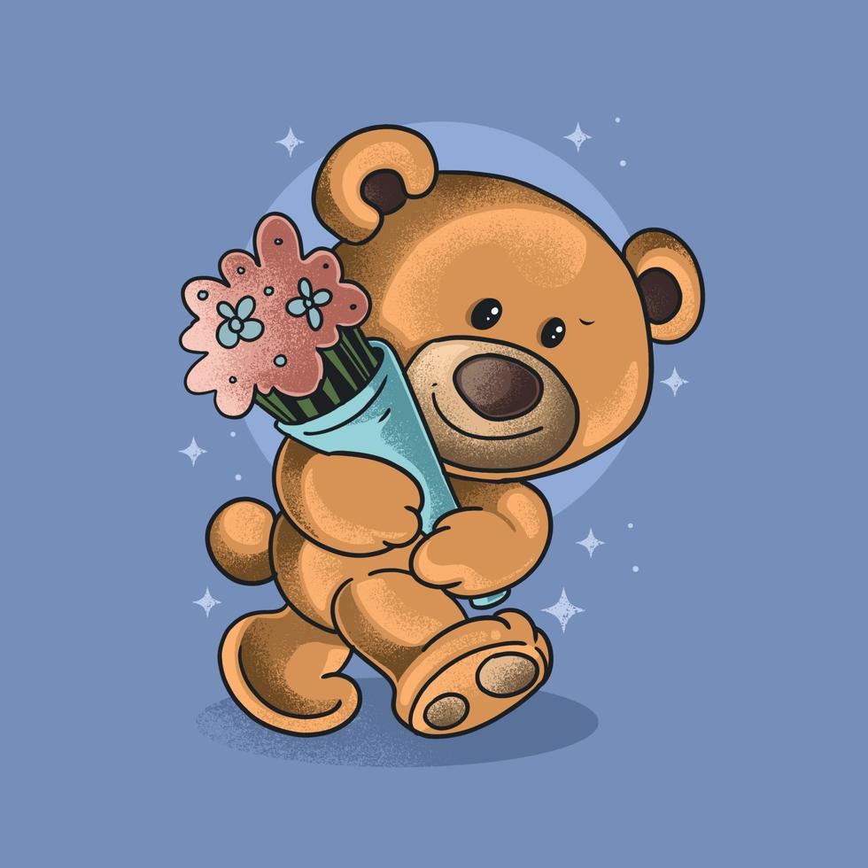 cute little bear bring flowers vector