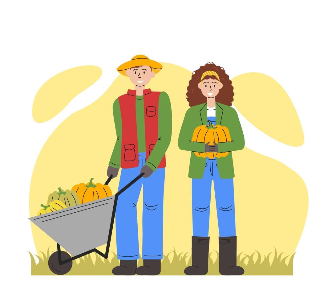 Vector flat illustration of family with pumpkins