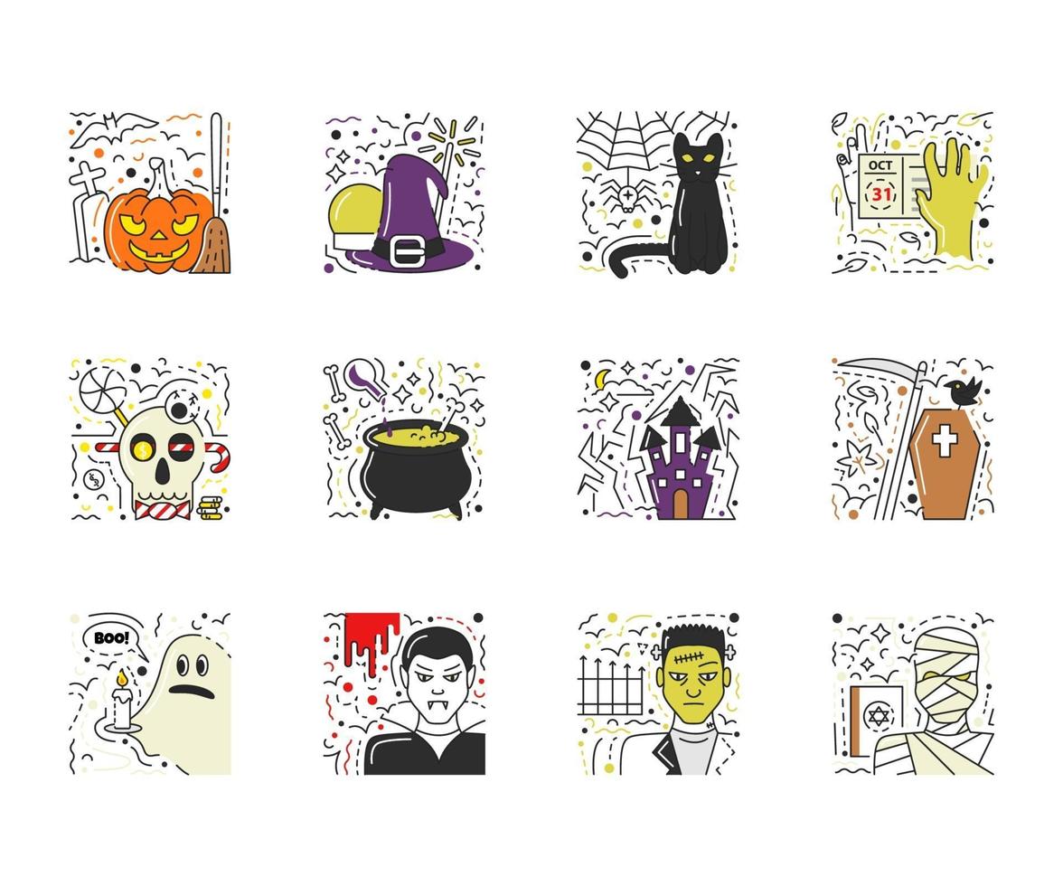 Vector set of halloween scenes in flat line style